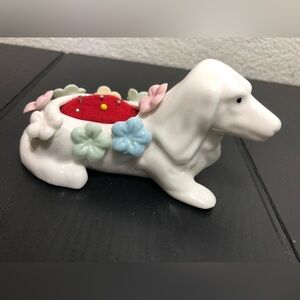 Cute Vintage Ceramic Dog w/ Flowers Pin Cushion